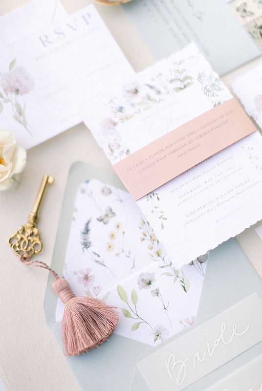 Alexis Scott Designs - Custom Wedding Stationery North Carolina - Airlie Gardens Erin L Taylor Photography 40 butterfly and wildflower watercolor blush mint wedding invitations