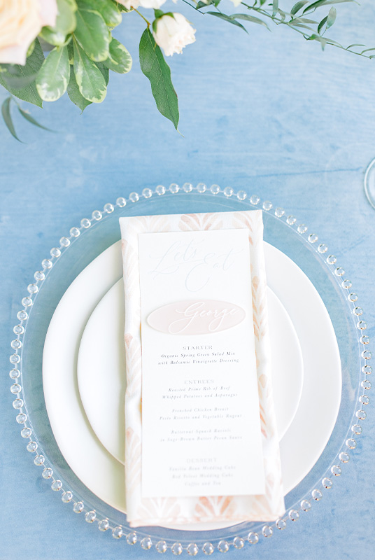 Alexis Scott Designs - Luxury Wedding Day-Of Stationery Bright and Airy Menu with Acrylic Place Card