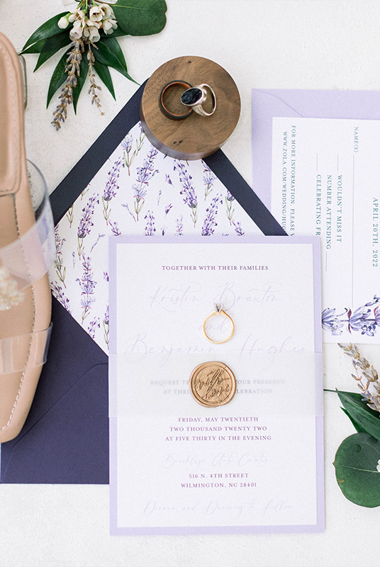 Alexis Scott Designs - North Carolina Wedding Invitation Designer - George Creative Lavender Flower Inspired Invitation Purple Hues Gold With Love Wax Seal