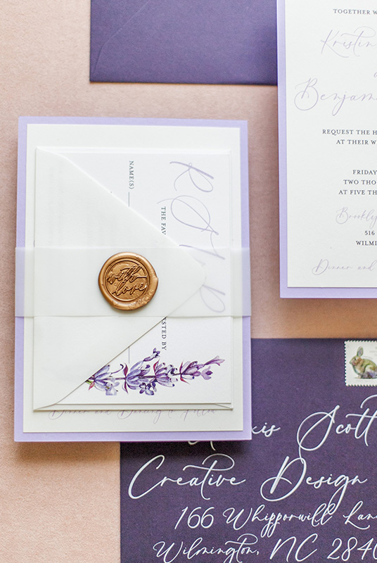 Alexis Scott Designs - North Carolina Wedding Invitation Designer - Royal Purple and Gold Invitation Suite Wax Seals