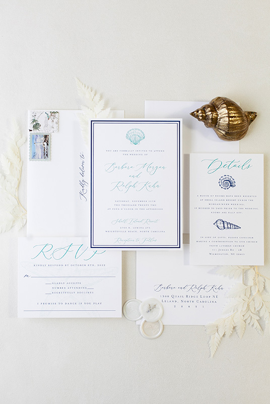 Alexis Scott Designs - North Carolina Wedding Invitation Designer - Seaside Nautical Themed Wedding Invite Hand Drawn Seashells Teal and Marine Blue 0785