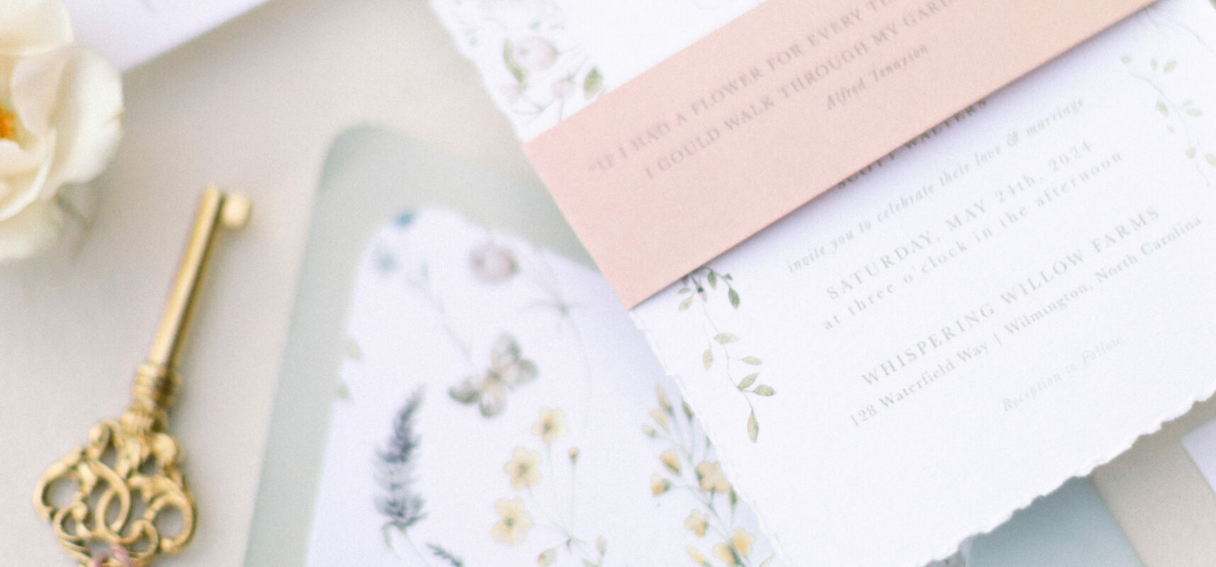 Alexis Scott Designs - Meadow Invitation Suite Light Blue Envelope, Pink Bellyband, Wedding Quote, Custom Envelope Liner, Deckled Edges